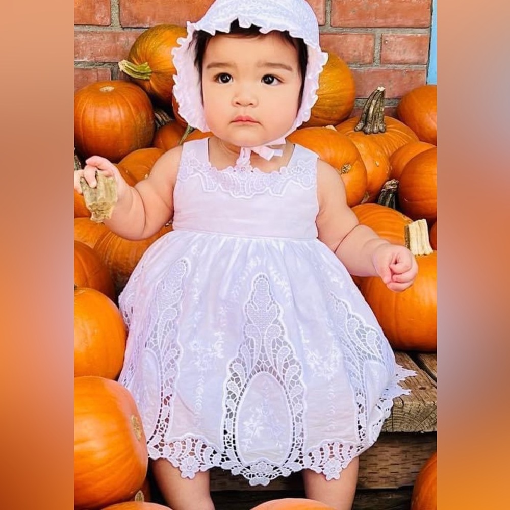 White eyelet poofy baby dress and cap